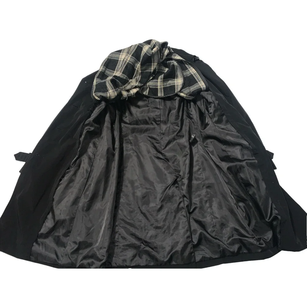 London Fog Women's Trench Coat Black Double Breasted Size Large Plaid Lining